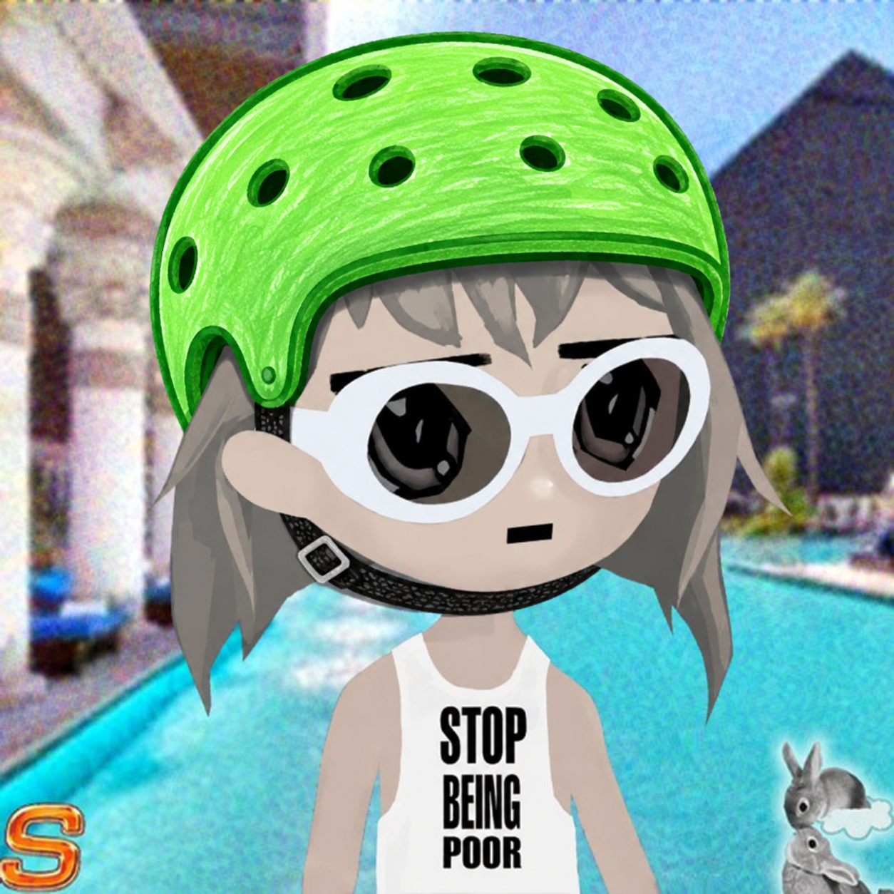 Anime chibi character wearing the $SPED green helmet, white shades and a STOP BEING POOR tank top