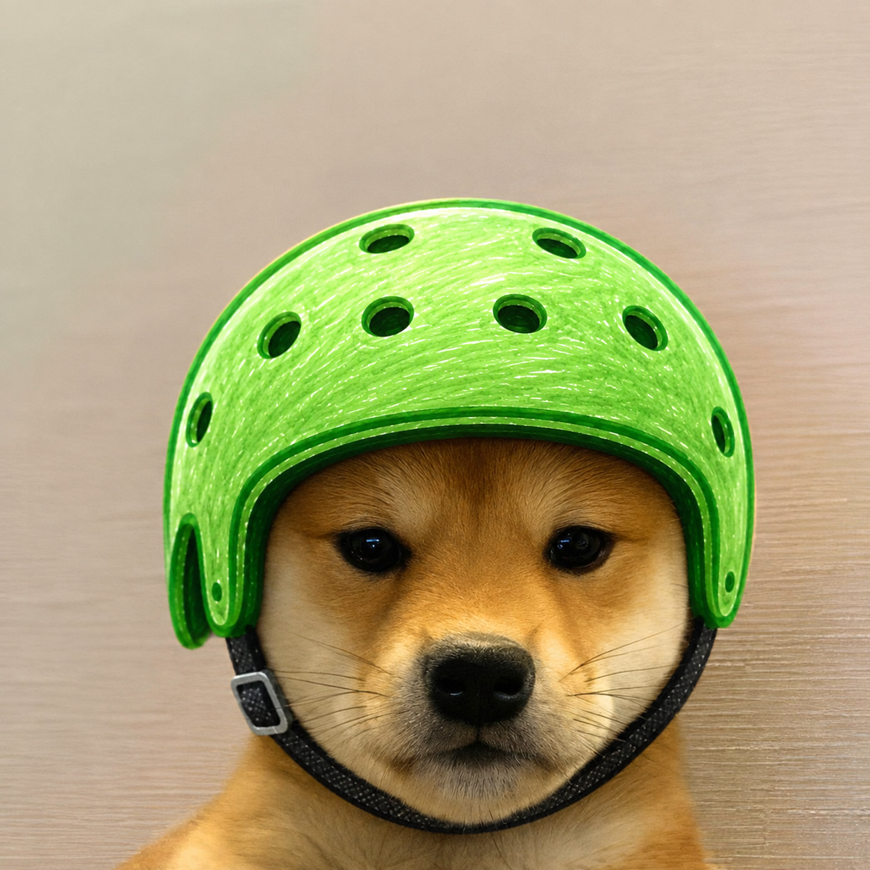 A Shiba Inu puppy wearing the $SPED green helmet