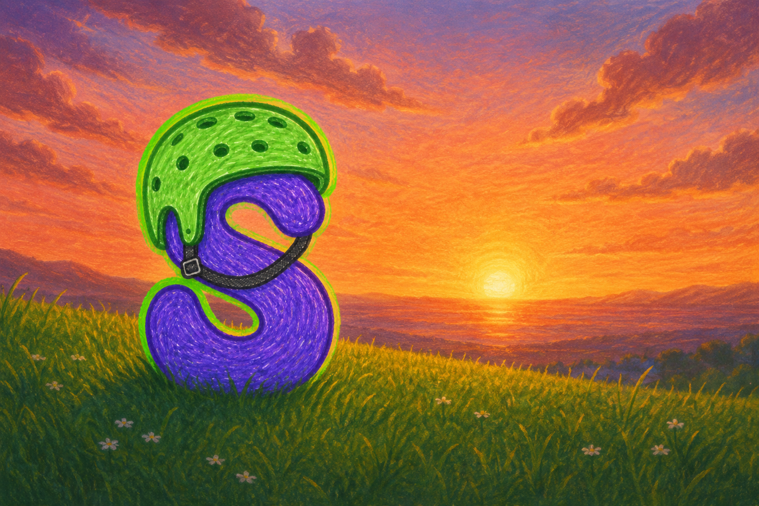 Painterly sunset landscape with the purple $SPED mascot in its helmet sitting in the grass